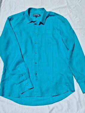 Vilebrequin Men's L 100% Linen Shirt in Turquoise Blue Luxury Resort Coastal